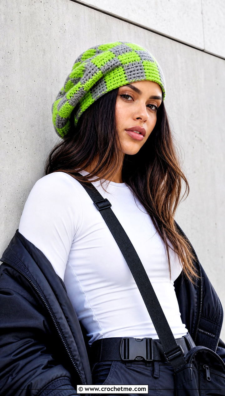 Checkerboard Slouchy Crochet Beret With Cargo Pants - 25 Slouchy Crochet Beret outfit ideas