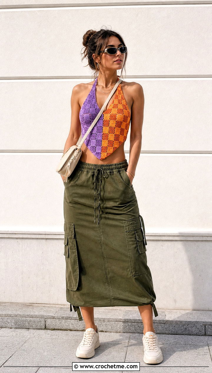 Checkerboard Split Crochet Halter Top With Cargo Midi Skirt - 20 Split Color Crochet Top outfit ideas