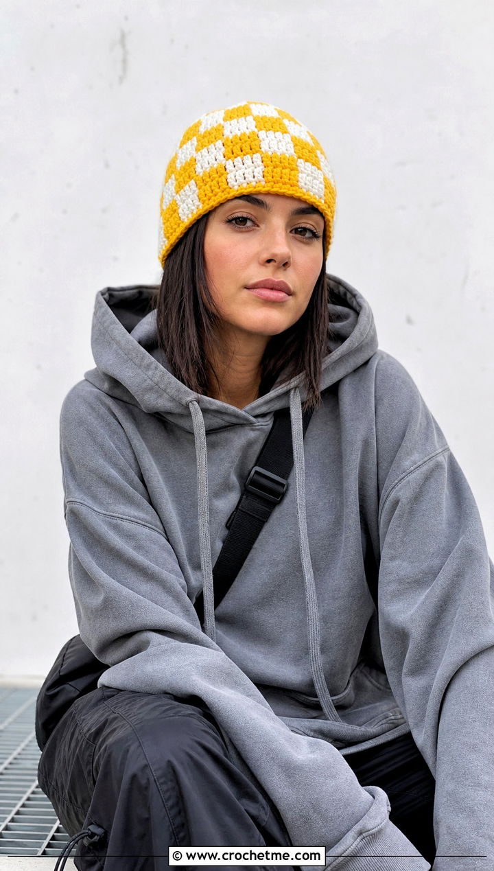 Checkerboard Square Beanie With Hoodie And Parachute Pants - 25 square crochet beanie outfit ideas
