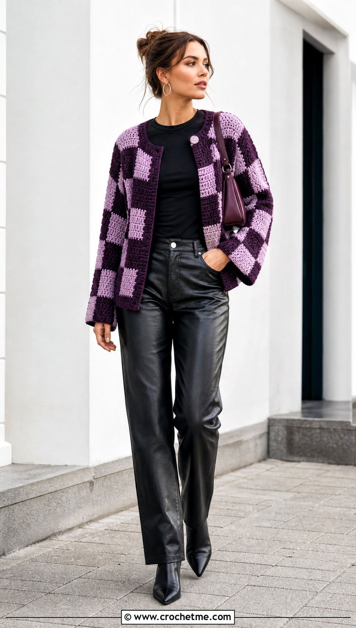 Checkerboard Square Cardigan With Leather Pants - 30 crochet square cardigan outfit ideas