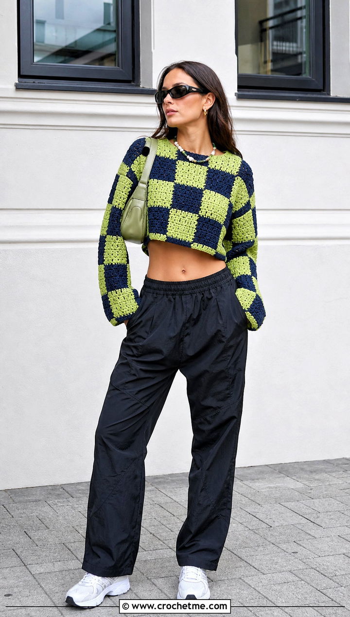 Checkerboard Square Jumper With Parachute Pants - 30 crochet square jumper outfit ideas