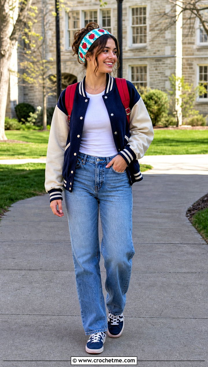 Checkerboard Strawberry Headband With Varsity Jacket - 35 Crochet Strawberry Headband outfit ideas