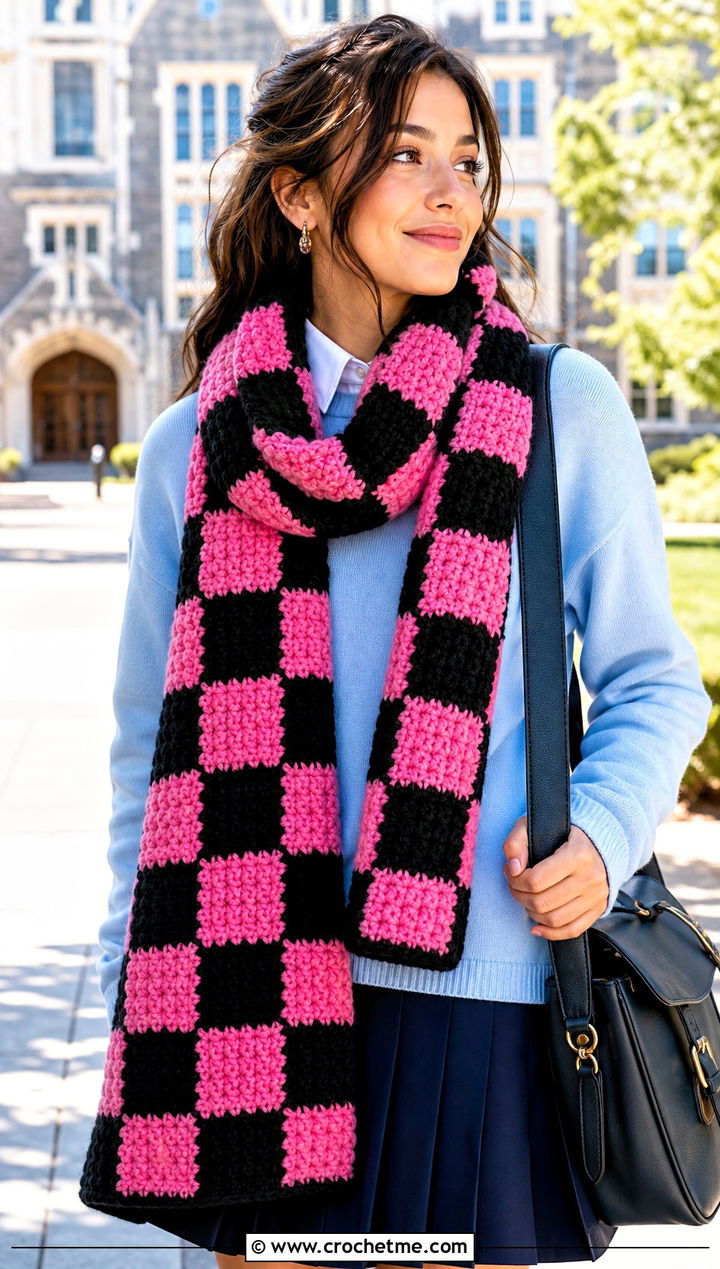 Checkerboard Super Chunky Crochet Scarf With Preppy Outfit - 25 Super Chunky Crochet Scarf outfit ideas