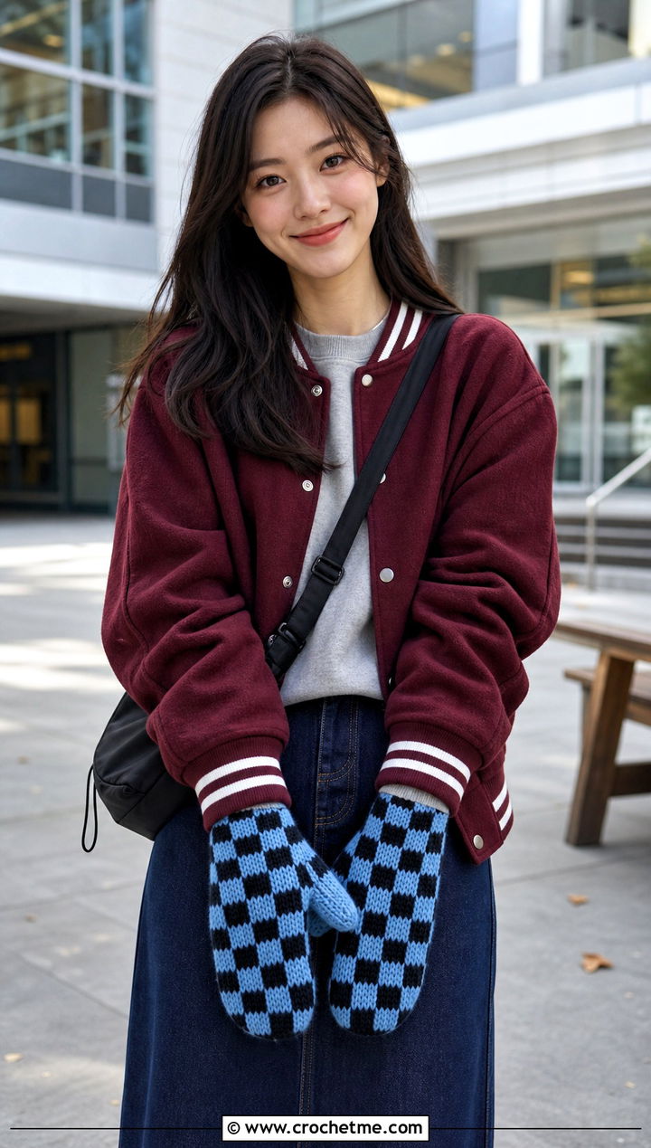 Checkerboard Tabi Crochet Mittens With Varsity Jacket And Denim Skirt - 25 Tabi Crochet Mittens outfit ideas