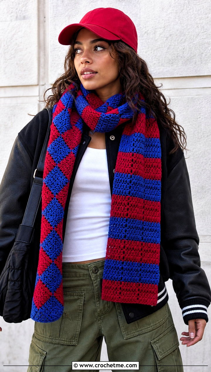 Checkerboard Tapestry Color Block Crochet Scarf With Cargo Pants - 25 Color Block Crochet Scarf outfit ideas