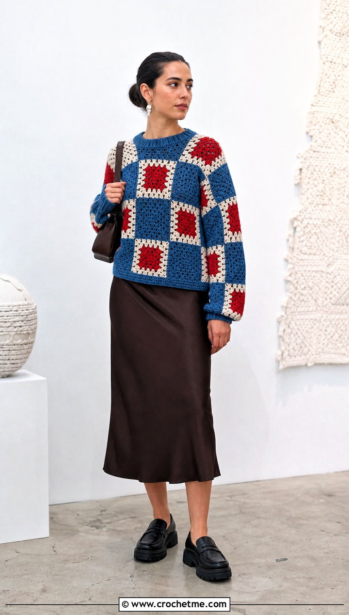 Checkerboard Tapestry Crochet Jumper With Slip Dress - 30 Tapestry Crochet Jumper outfit ideas