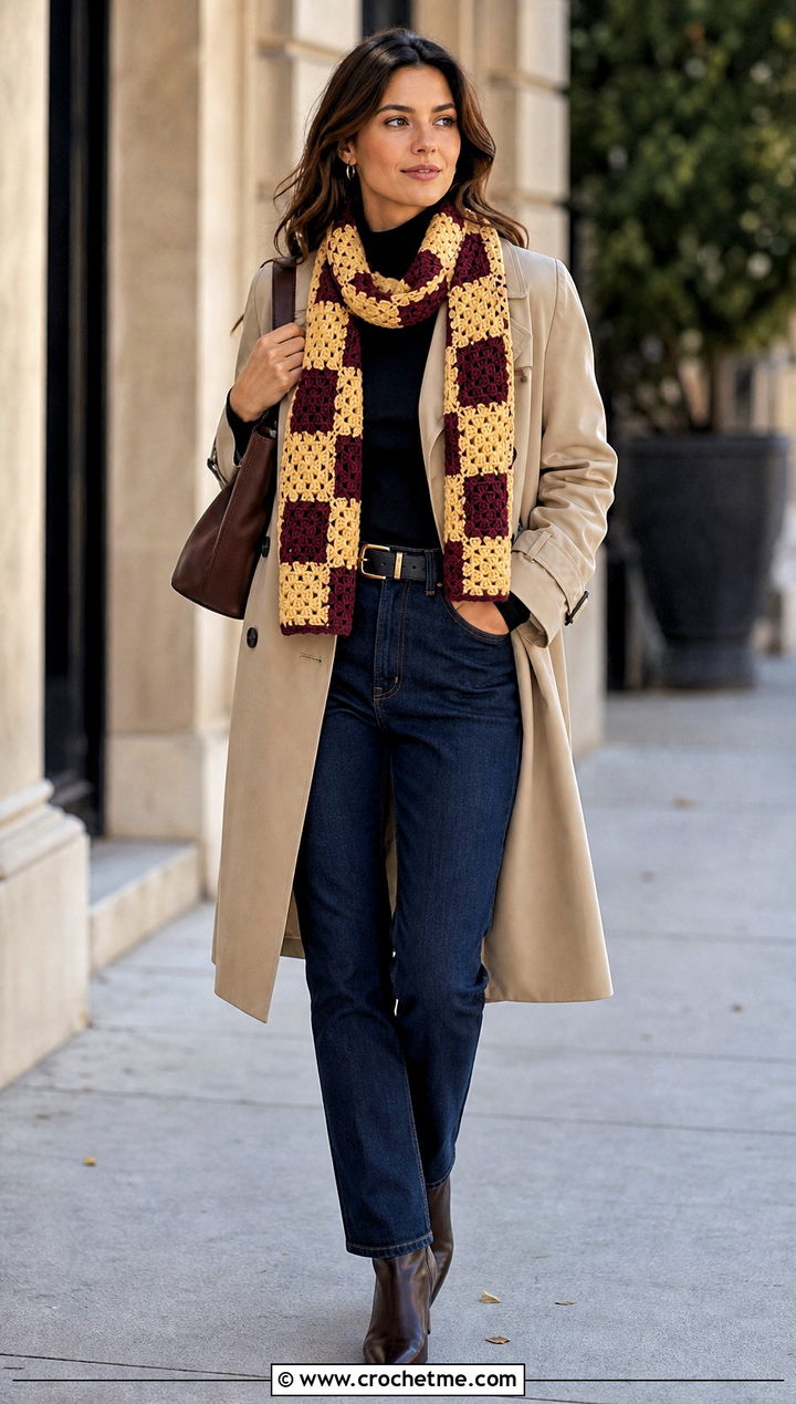Checkerboard Tapestry Crochet Scarf With Trench Coat - 35 tapestry crochet scarf outfit ideas