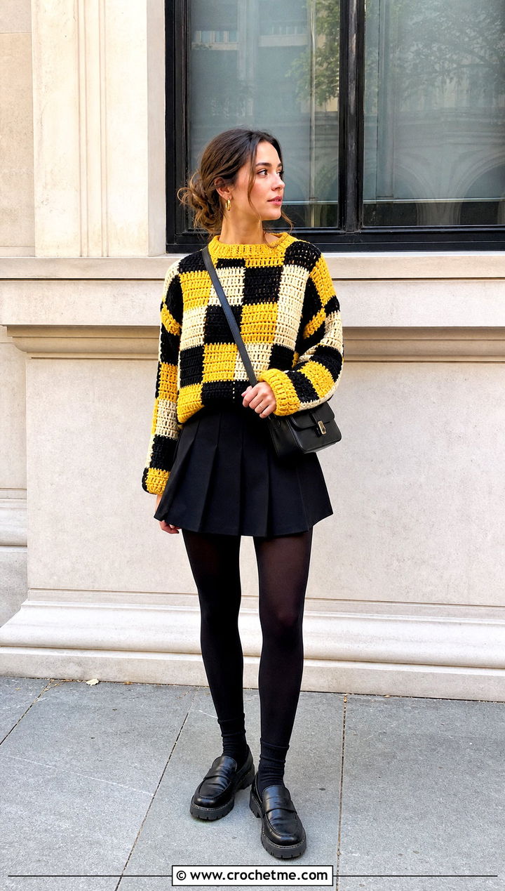 Checkerboard Tapestry Crochet Sweater With Pleated Mini Skirt - 30 tapestry crochet sweater outfit ideas
