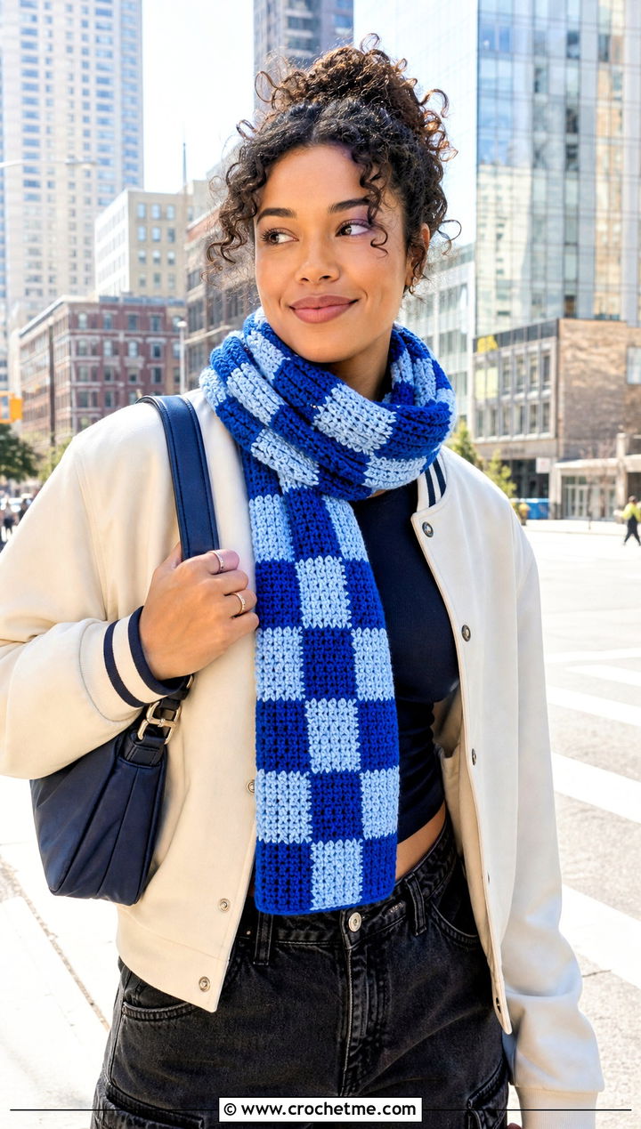 Checkerboard Thermal Stitch Crochet Scarf With Varsity Jacket - 20 Thermal Stitch Crochet Scarf outfit ideas