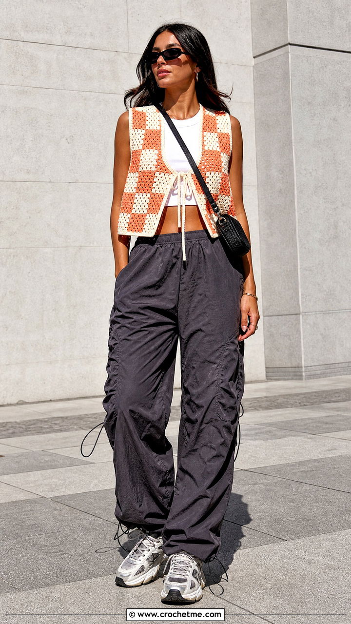 Checkerboard Tie Crochet Vest With Parachute Pants - 35 crochet tie vest outfit ideas