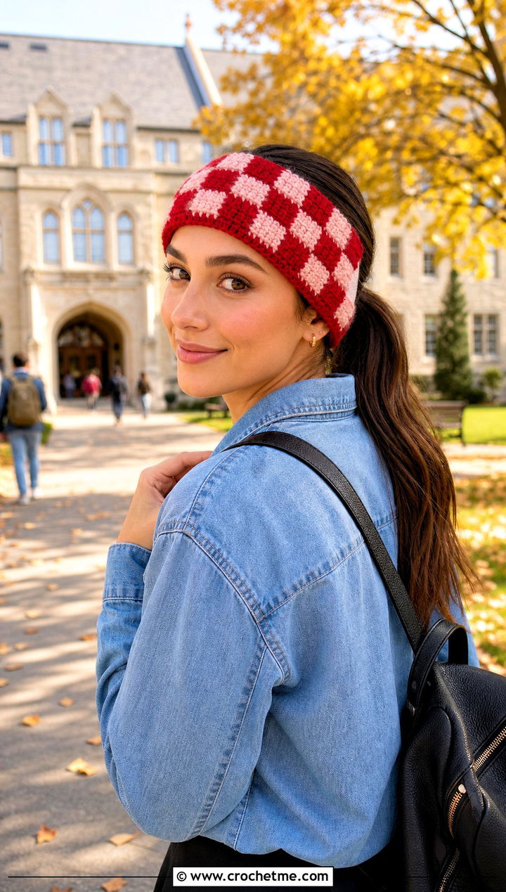 Checkerboard Tunisian Crochet Ear Warmer With Denim Shirt - 30 Tunisian Crochet Ear Warmer outfit ideas