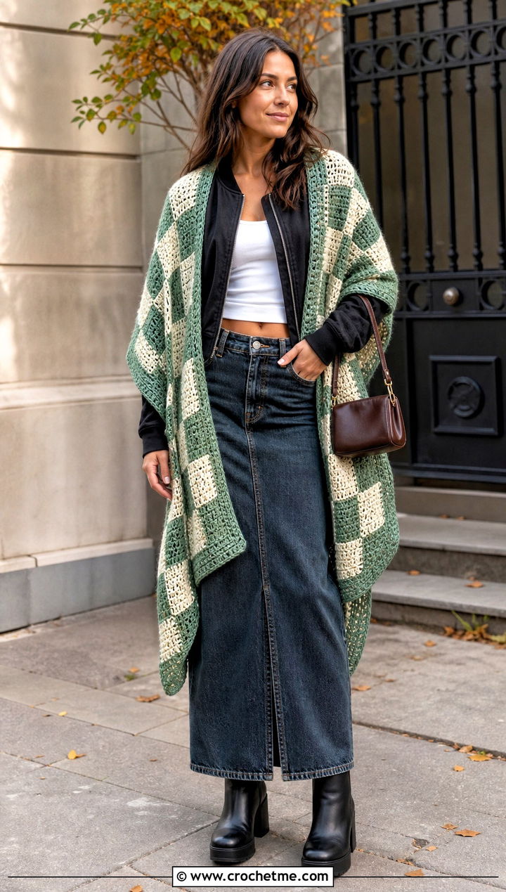 Checkerboard Tunisian Crochet Wrap With Bomber Jacket And Denim Skirt - 25 Tunisian Crochet Wrap outfit ideas