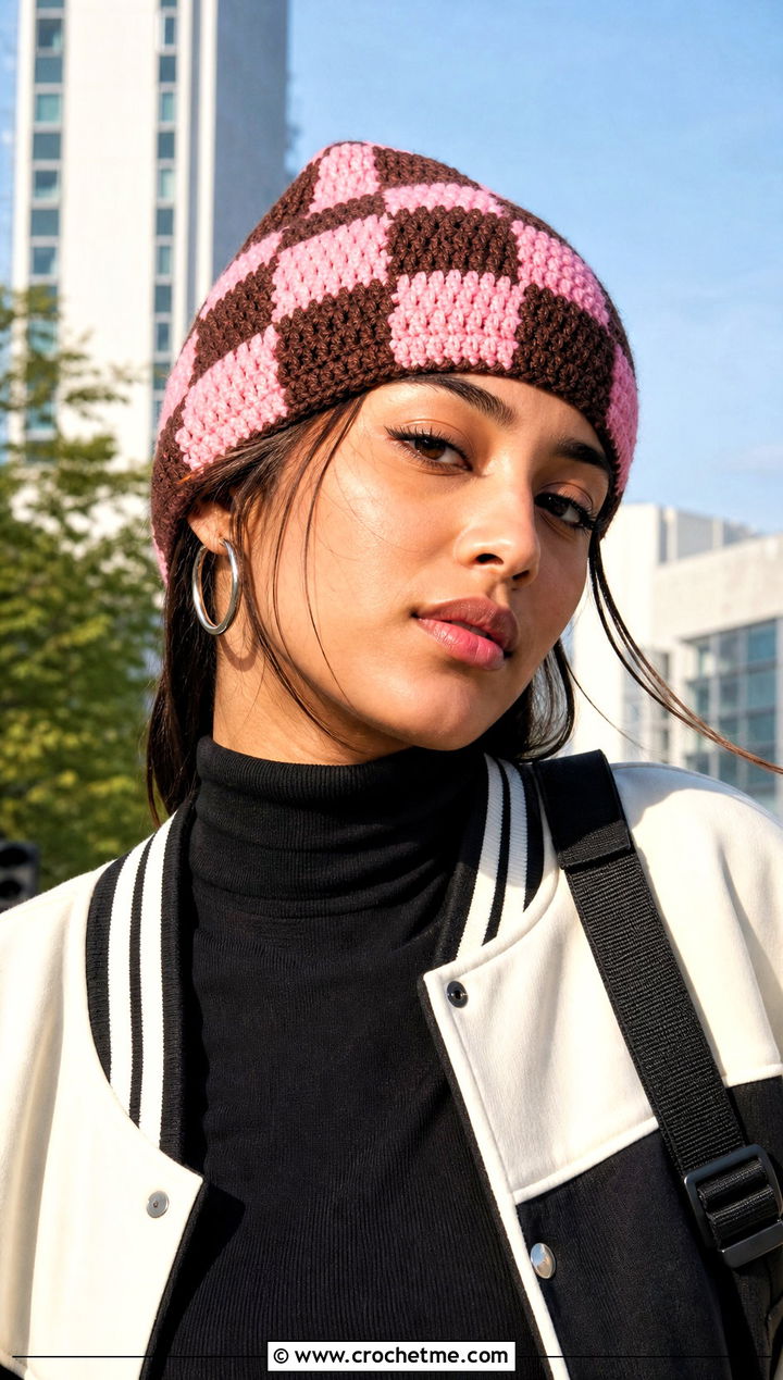 Checkerboard Two Tone Crochet Beanie With Varsity Jacket - 15 two tone crochet beanie outfit ideas