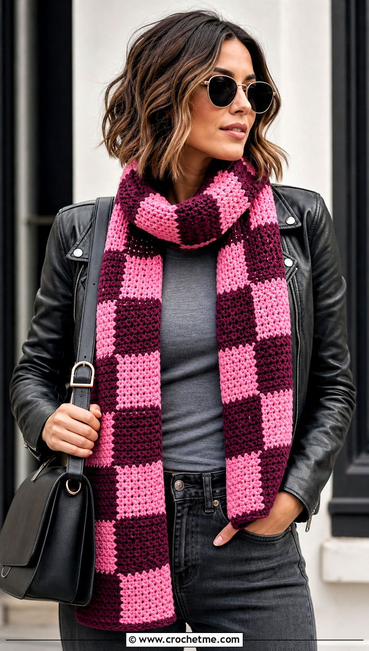 Checkerboard Two Tone Crochet Scarf With Leather Jacket - 25 two tone crochet scarf outfit ideas