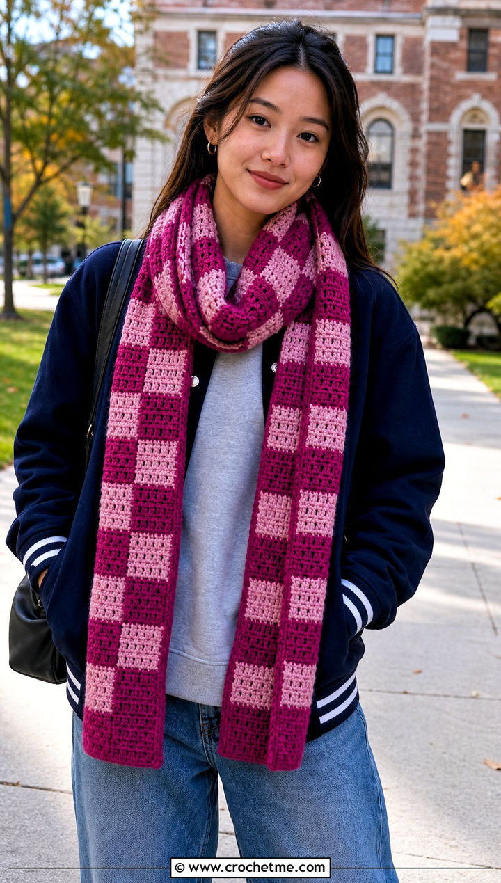 Checkerboard Waffle Stitch Crochet Scarf With Varsity Jacket - 30 waffle stitch crochet scarf outfit ideas