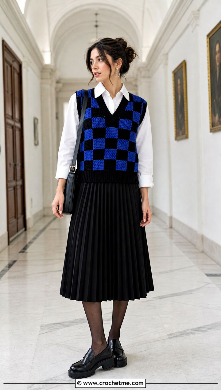 Checkerboard Wednesday Crochet Vest With Pleated Skirt - 30 wednesday crochet vest outfit ideas