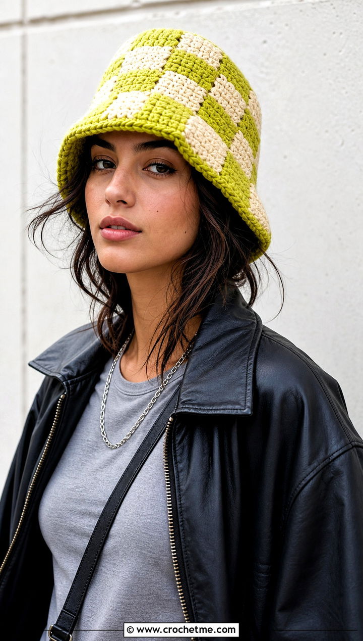 Checkered Chunky Bucket Hat With Leather Jacket - 30 crochet chunky bucket hat outfit ideas