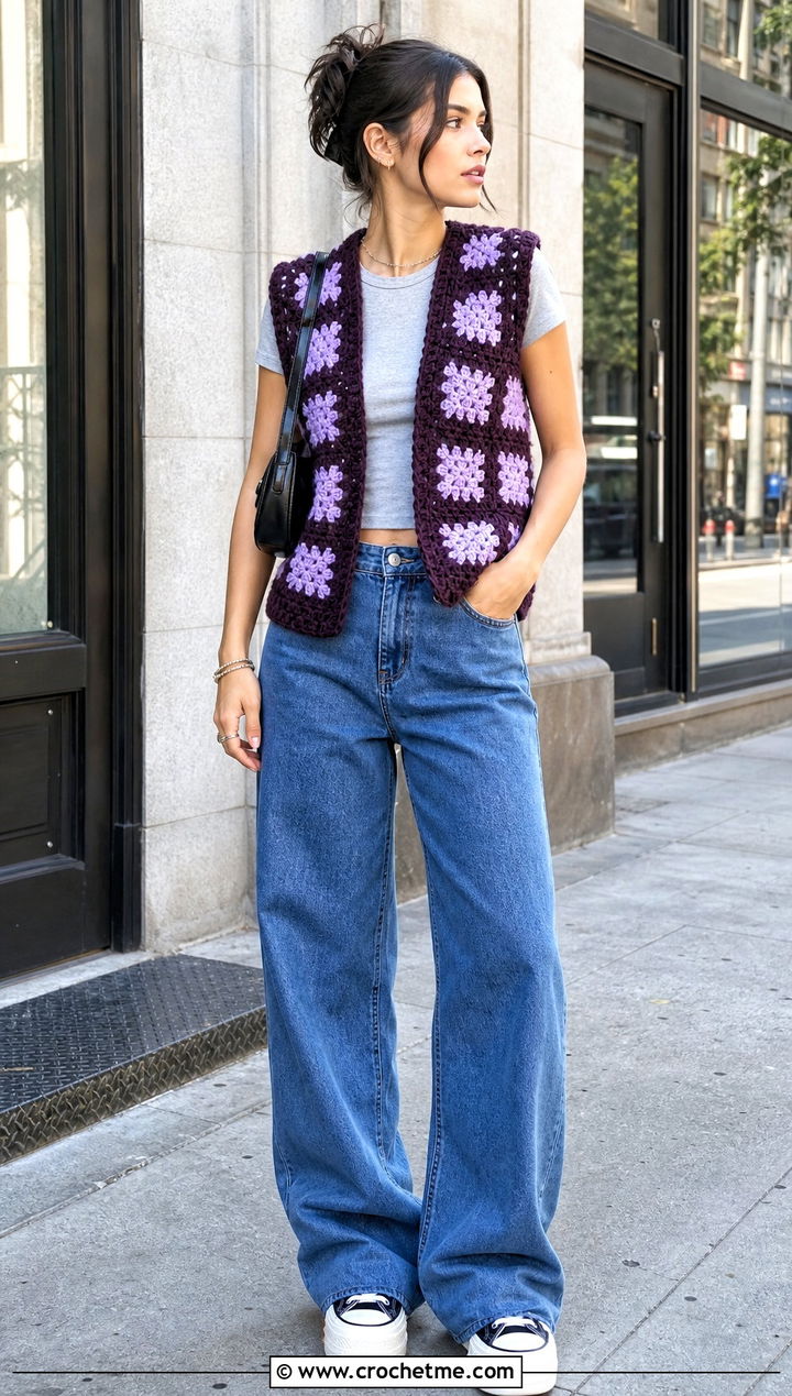 Checkered Chunky Crochet Vest With Baggy Jeans - 30 crochet chunky vest outfit ideas
