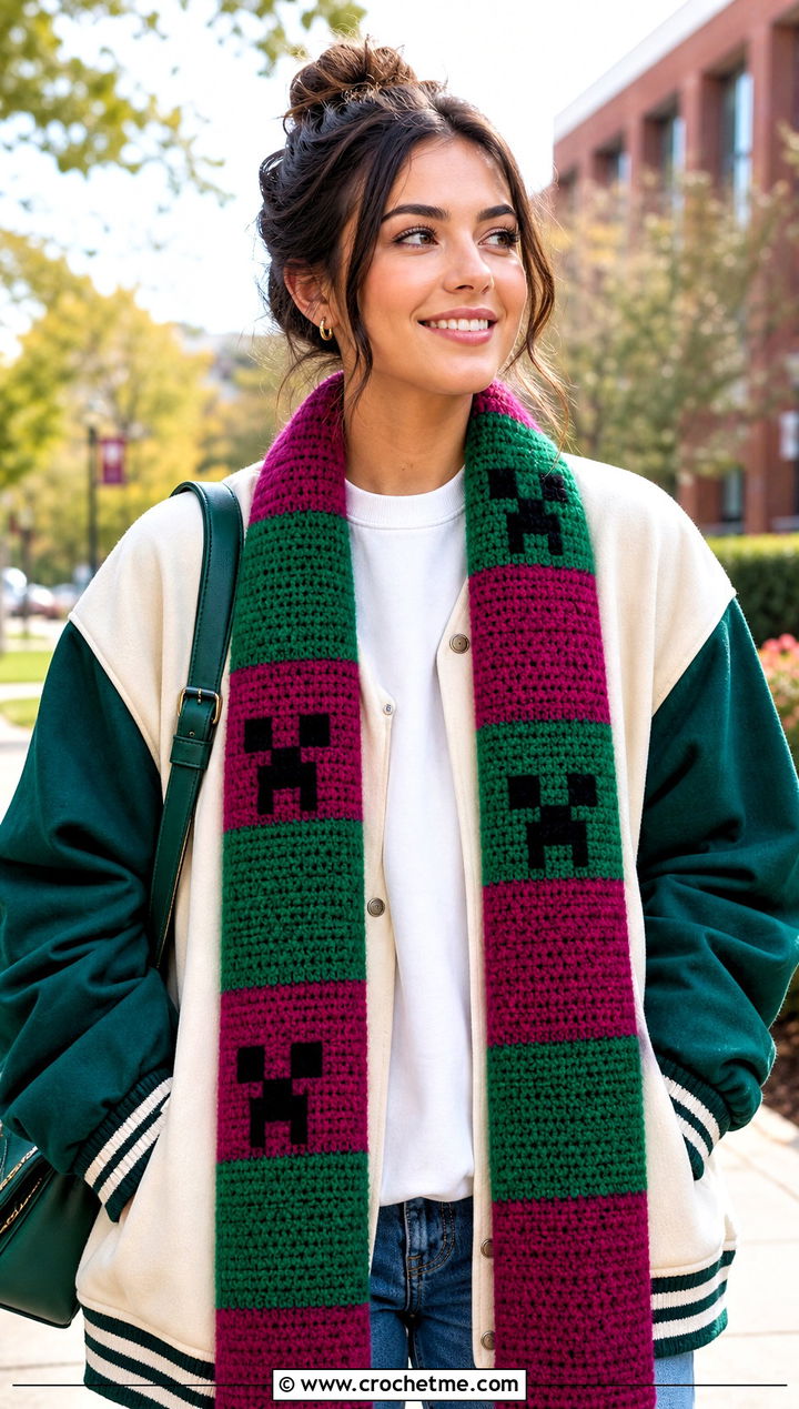 Checkered Creeper Scarf With Varsity Jacket - 15 minecraft creeper crochet scarf outfit ideas