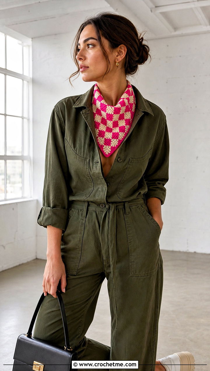 Checkered Crochet Bandana Scarf With Utility Jumpsuit - 30 mini crochet scarf outfit ideas