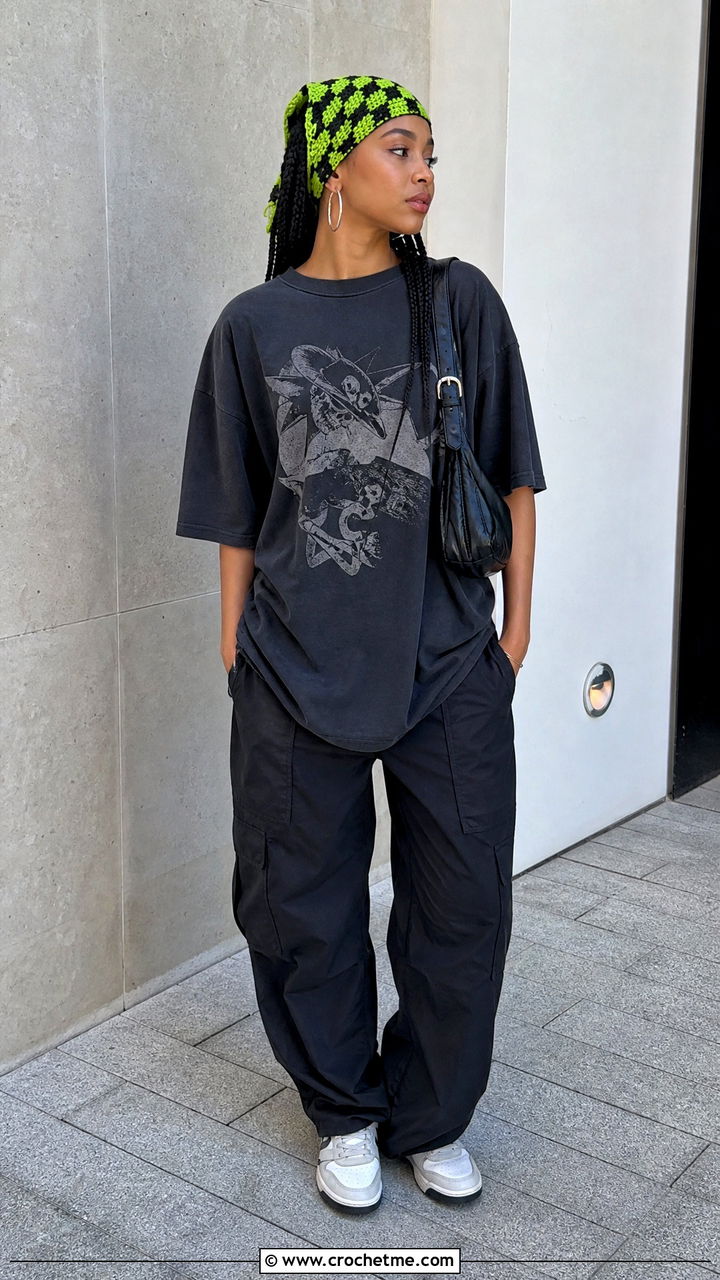 Checkered Crochet Bandana With Graphic Tee And Cargo Pants - 35 crochet hair scarf outfit ideas