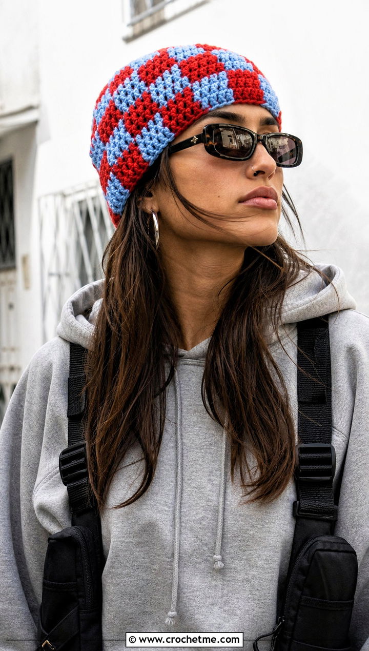 Checkered Crochet Beanie With Hoodie And Cargo Pants - 15 Checkered Crochet Hat outfit ideas