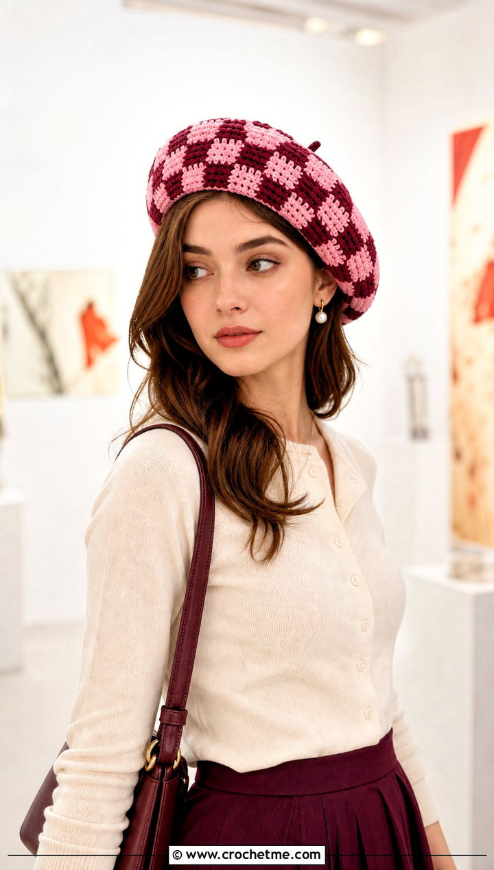 Checkered Crochet Beret With Cardigan And Pleated Skirt - 15 Checkered Crochet Hat outfit ideas