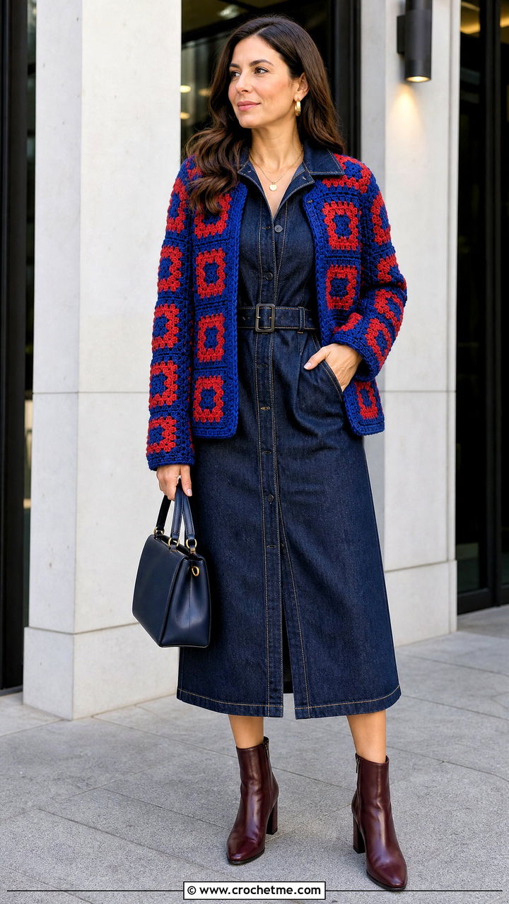 Checkered Crochet Blazer With Denim Dress - 35 crochet blazer outfit ideas