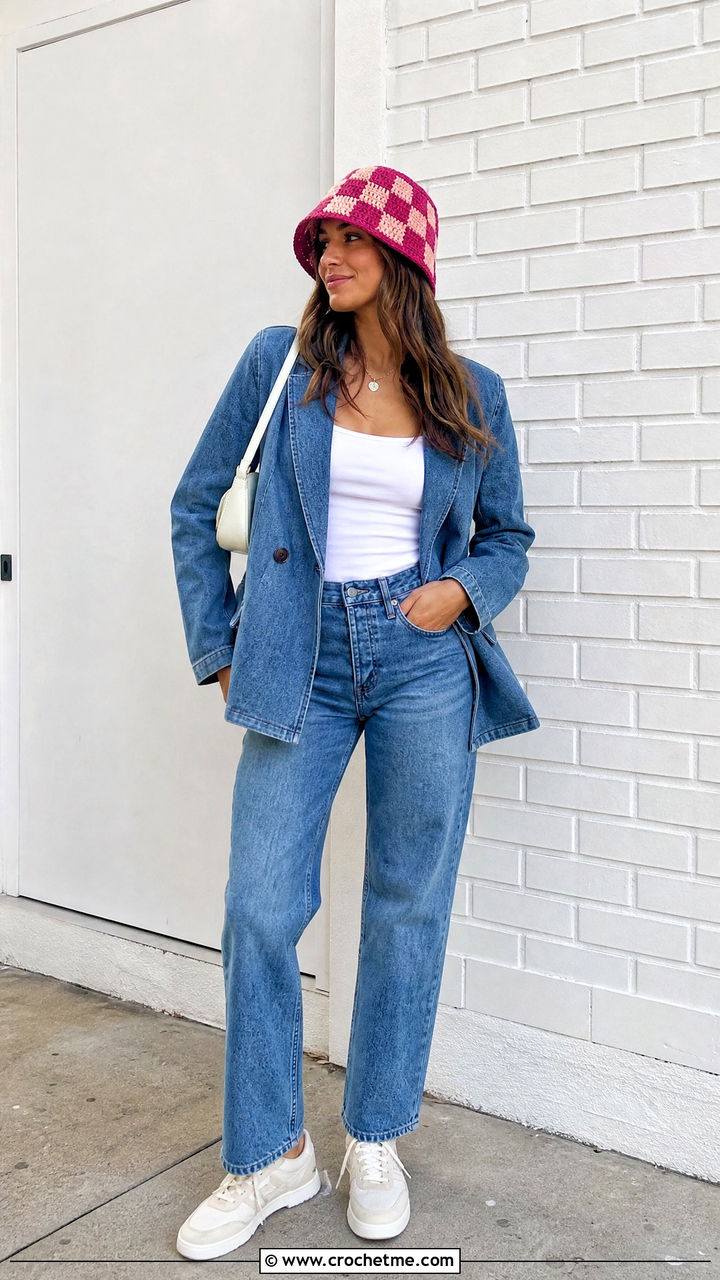 Checkered Crochet Bucket Hat With A Denim Suit - 35 Crochet Hats For Women outfit ideas
