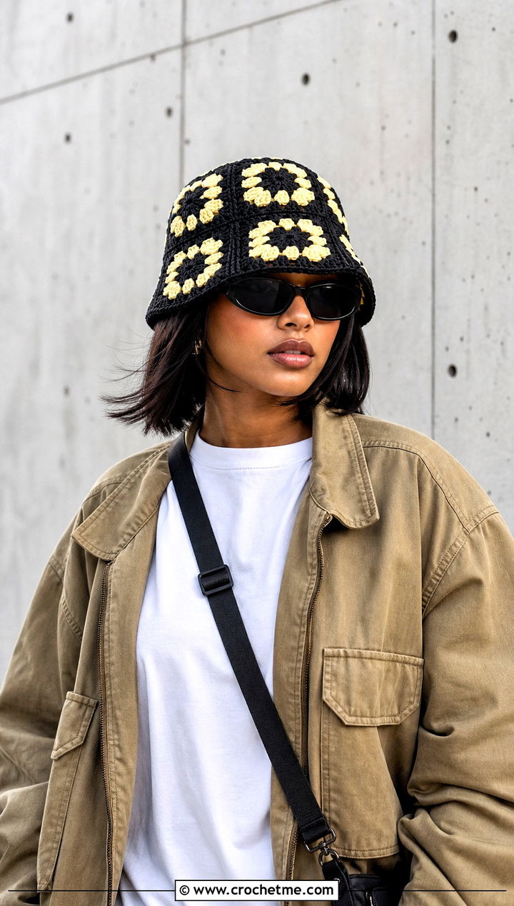 Checkered Crochet Bucket Hat With Cargo Pants - 15 Tiktok Crochet Hat outfit ideas
