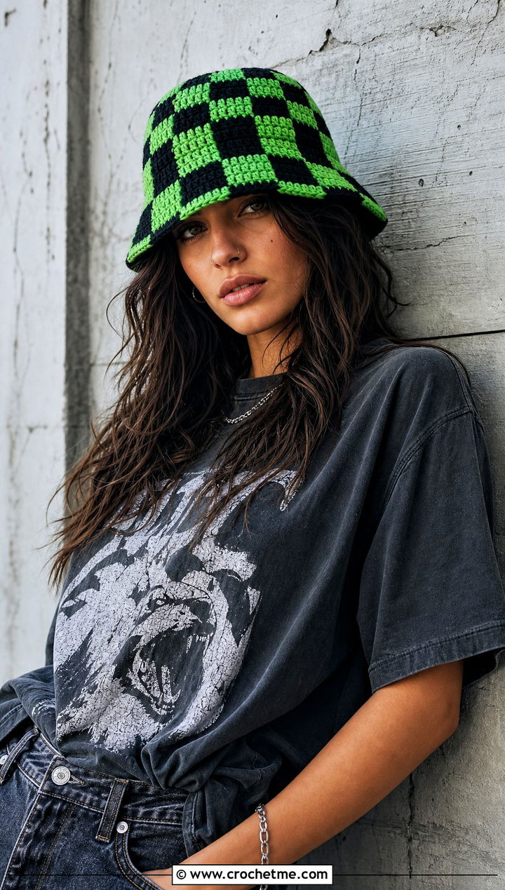 Checkered Crochet Bucket Hat With Graphic Tee - 25 crocheting bucket hat outfit ideas
