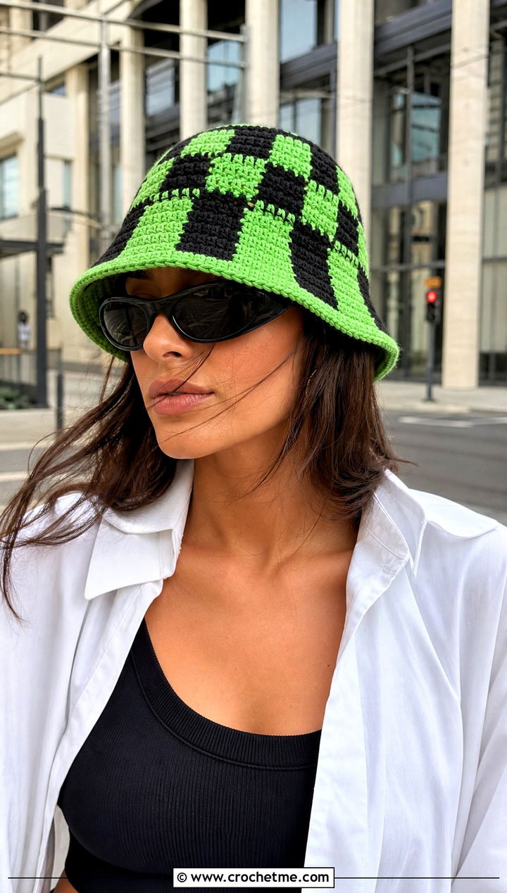 Checkered Crochet Bucket Hat With Oversized Shirt And Bike Shorts - 30 summer crochet bucket hat outfit ideas