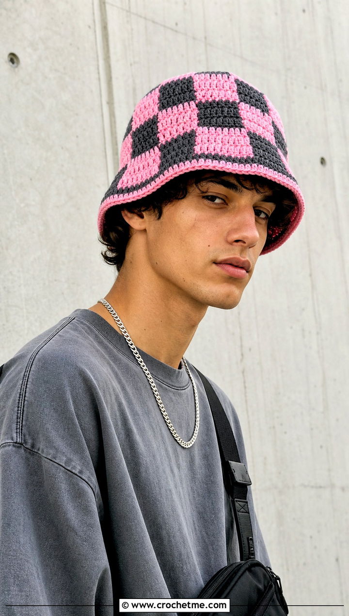 Checkered Crochet Bucket Hat With Oversized T Shirt - 15 mens crochet bucket hat outfit ideas