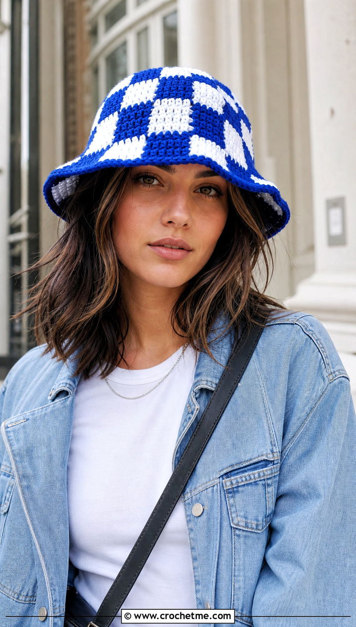 Checkered Crochet Bucket Hat With T Shirt And Jeans - 15 Checkered Crochet Hat outfit ideas