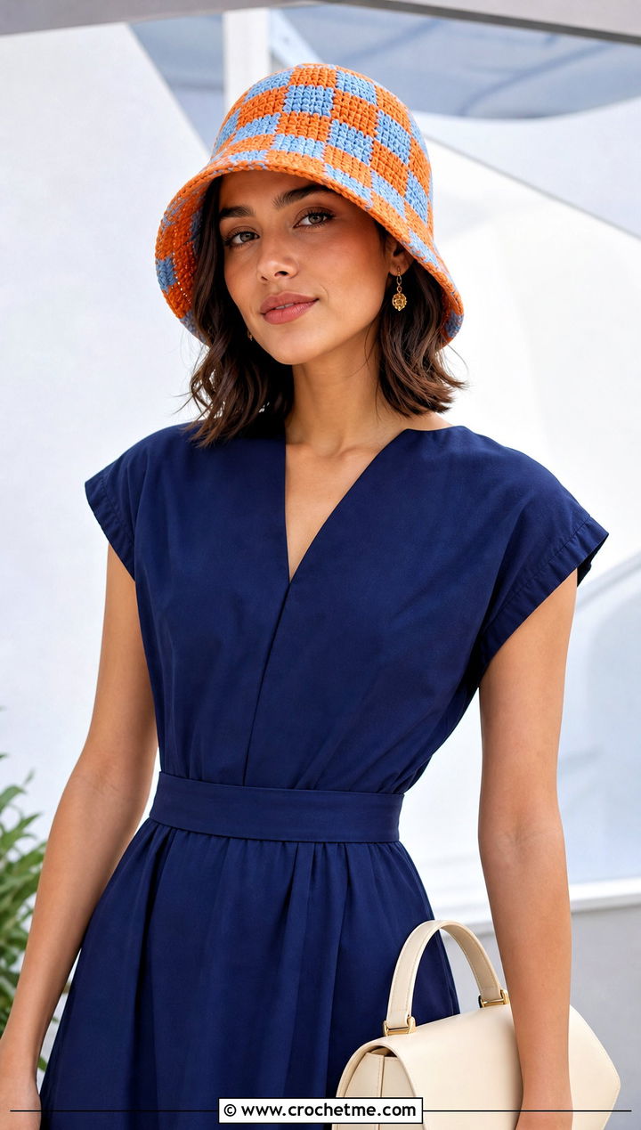 Checkered Crochet Cloche Hat With Midi Dress - 15 Checkered Crochet Hat outfit ideas