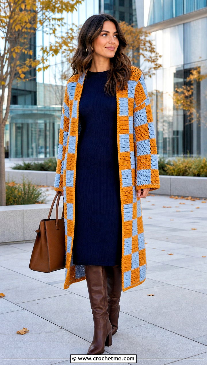 Checkered Crochet Coatigan With Midi Dress - 25 Checkered Crochet Cardigan outfit ideas