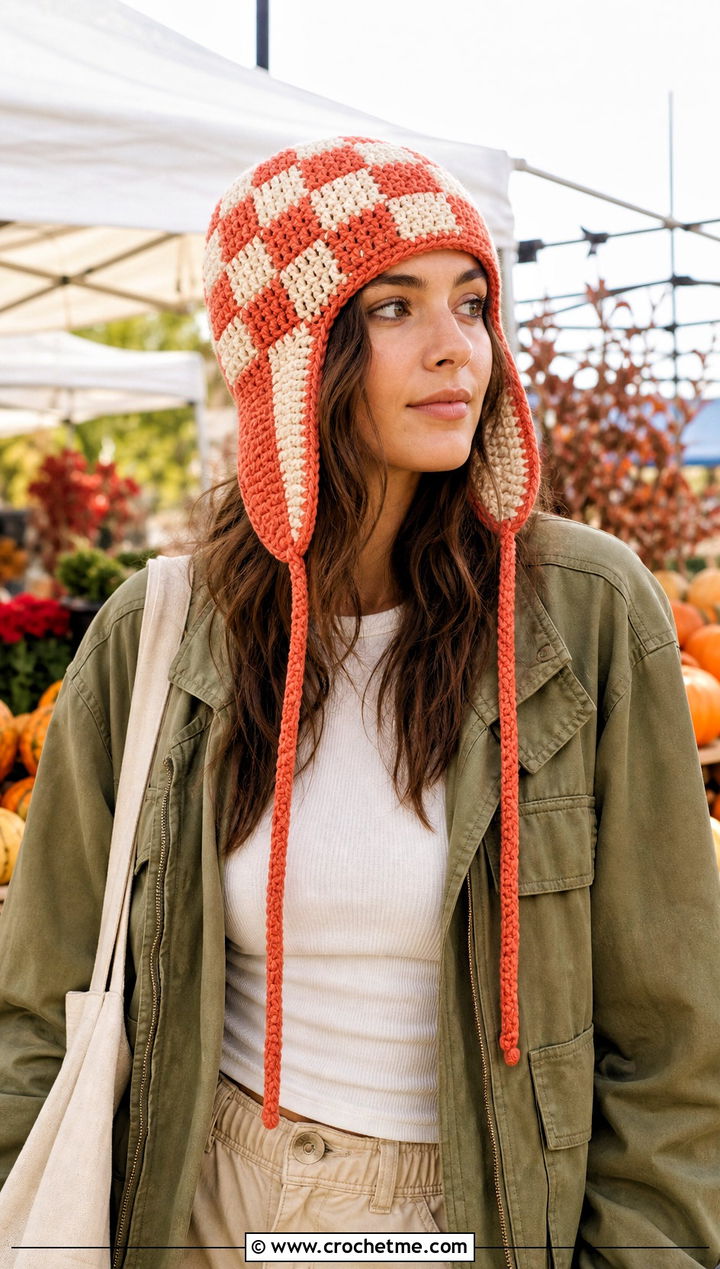 Checkered Crochet Earflap Hat With Utility Jacket - 15 Checkered Crochet Hat outfit ideas