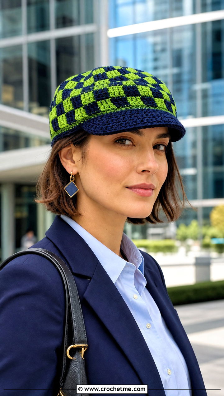 Checkered Crochet Newsboy Cap With Blazer And Trousers - 15 Checkered Crochet Hat outfit ideas