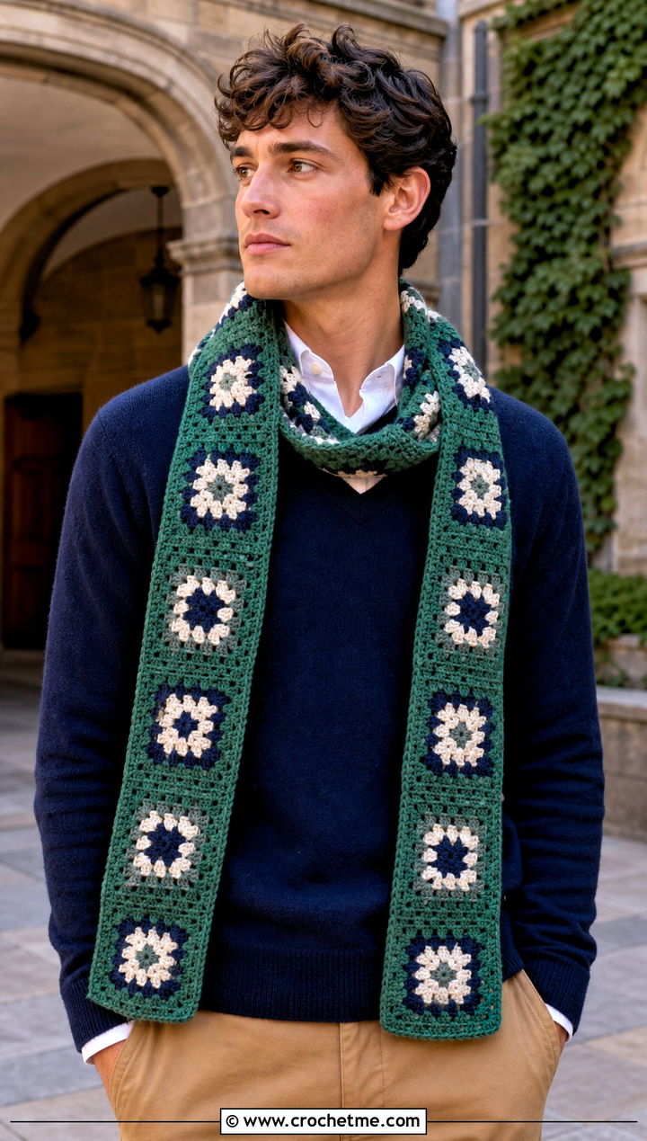 Checkered Crochet Scarf With Preppy Outfit - 30 Mens Crochet Scarf outfit ideas