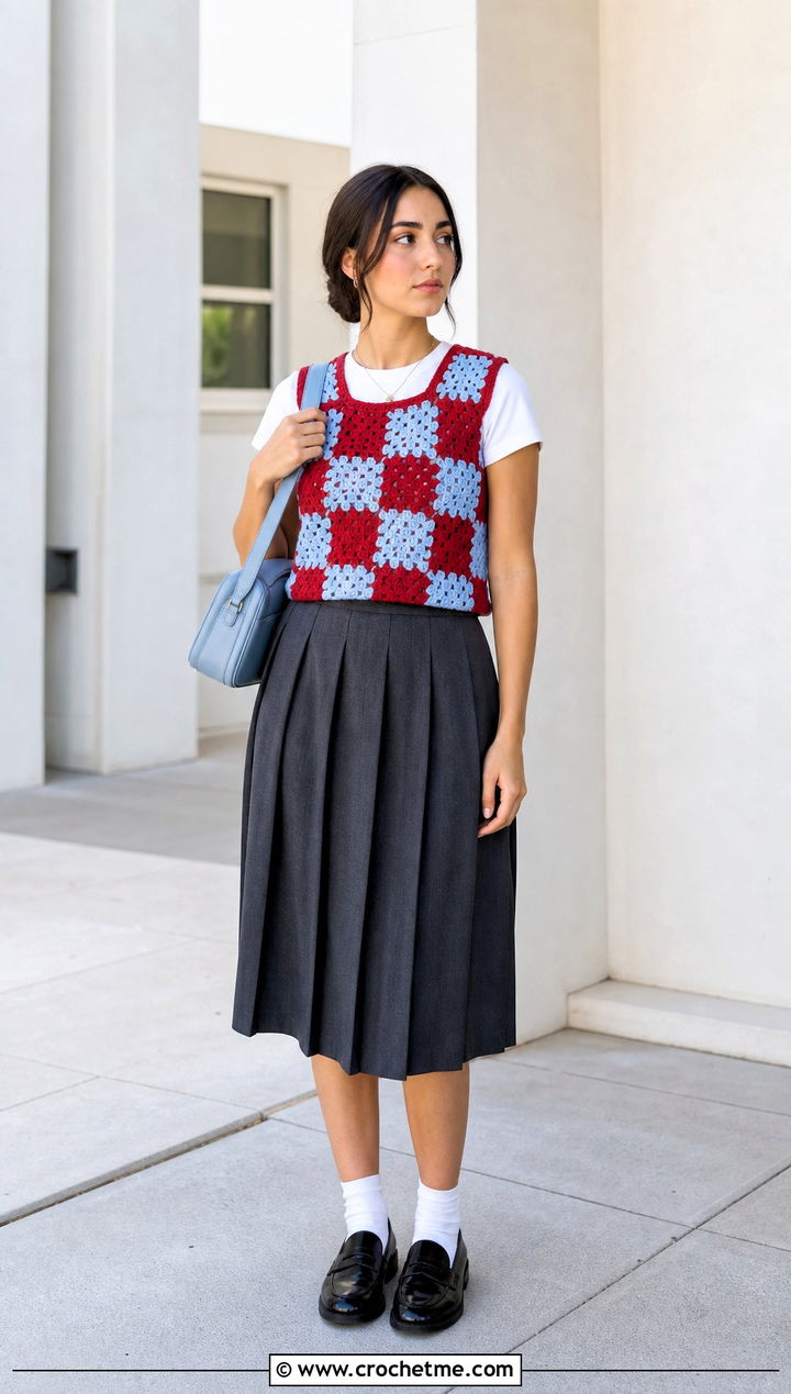 Checkered Crochet Sweater Vest With Pleated Skirt - 15 Handmade Crochet Sweater Vest outfit ideas