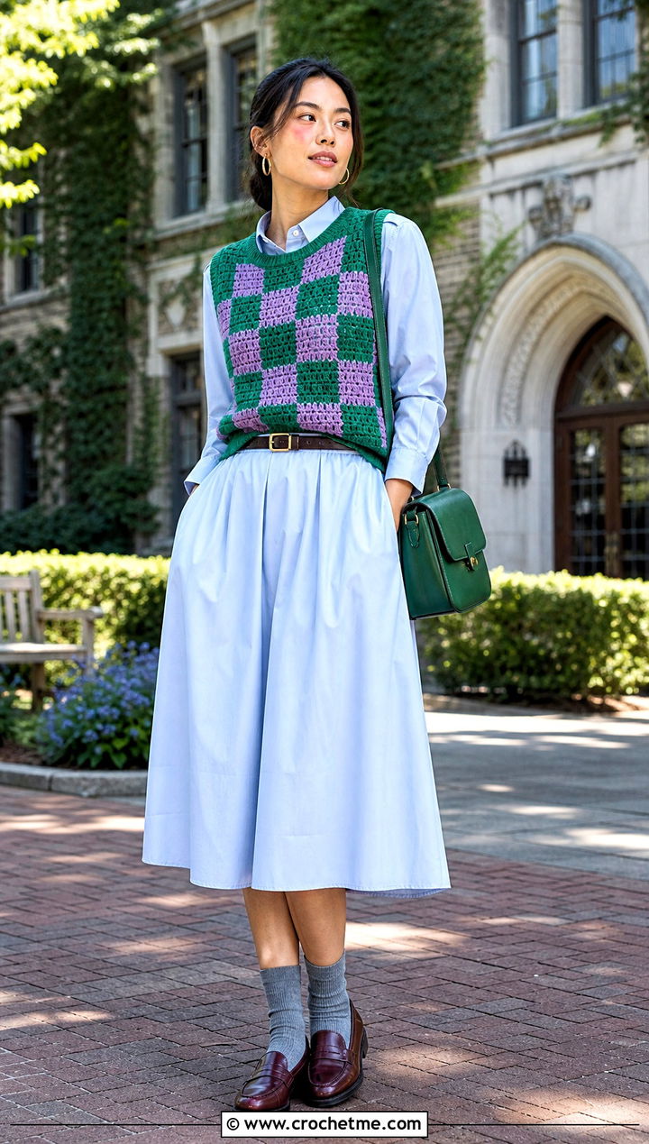 Checkered Crochet Sweater Vest With Poplin Dress - 30 checkered crochet sweater outfit ideas