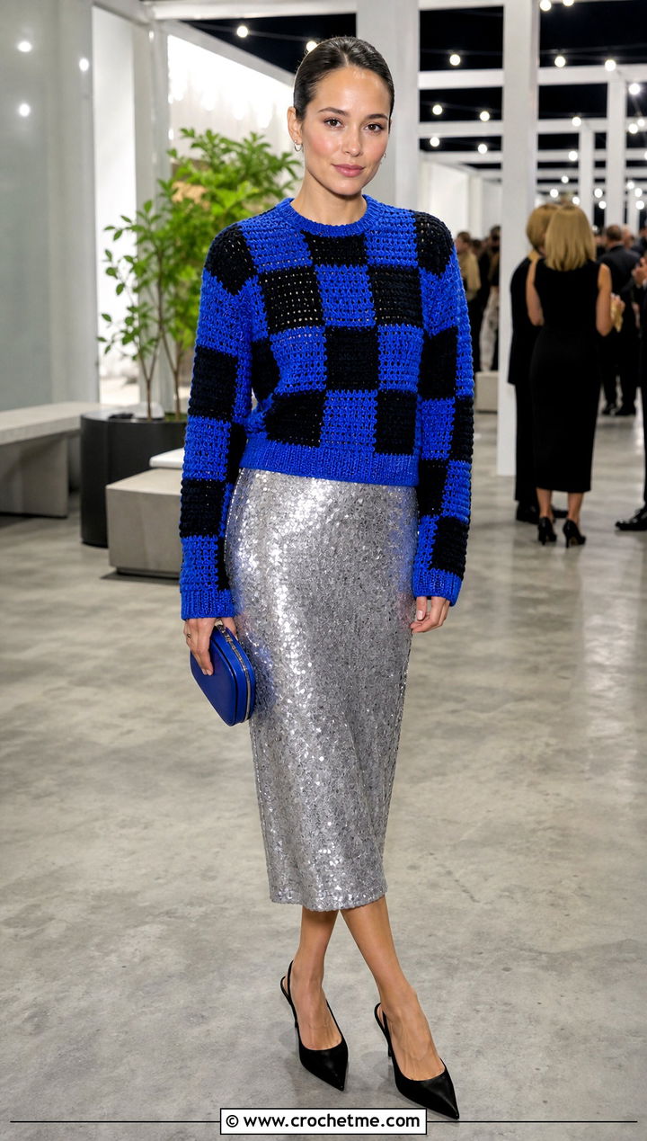 Checkered Crochet Sweater With Sequin Midi Skirt - 30 checkered crochet sweater outfit ideas