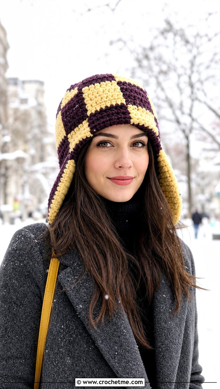 Checkered Crochet Trapper Hat With Long Wool Coat - 15 Checkered Crochet Hat outfit ideas