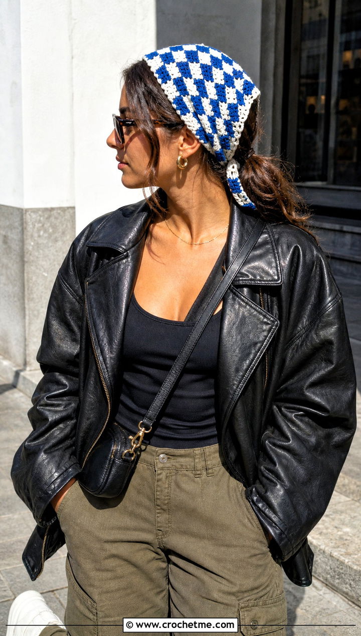 Checkered Crochet Triangle Hair Scarf With Leather Jacket And Cargo Pants - 25 crochet triangle hair scarf outfit ideas
