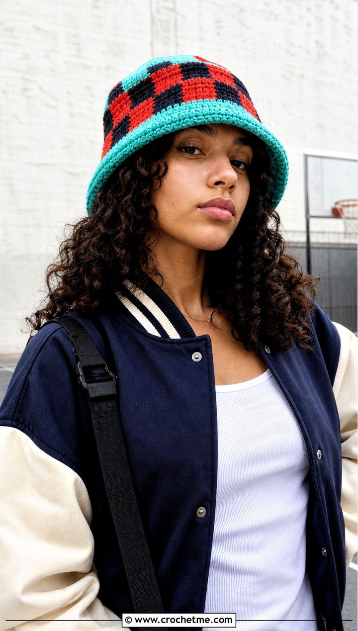 Checkered Crochet Watermelon Bucket Hat With Varsity Jacket And Wide Leg Jeans - 30 crochet watermelon bucket hat outfit ideas