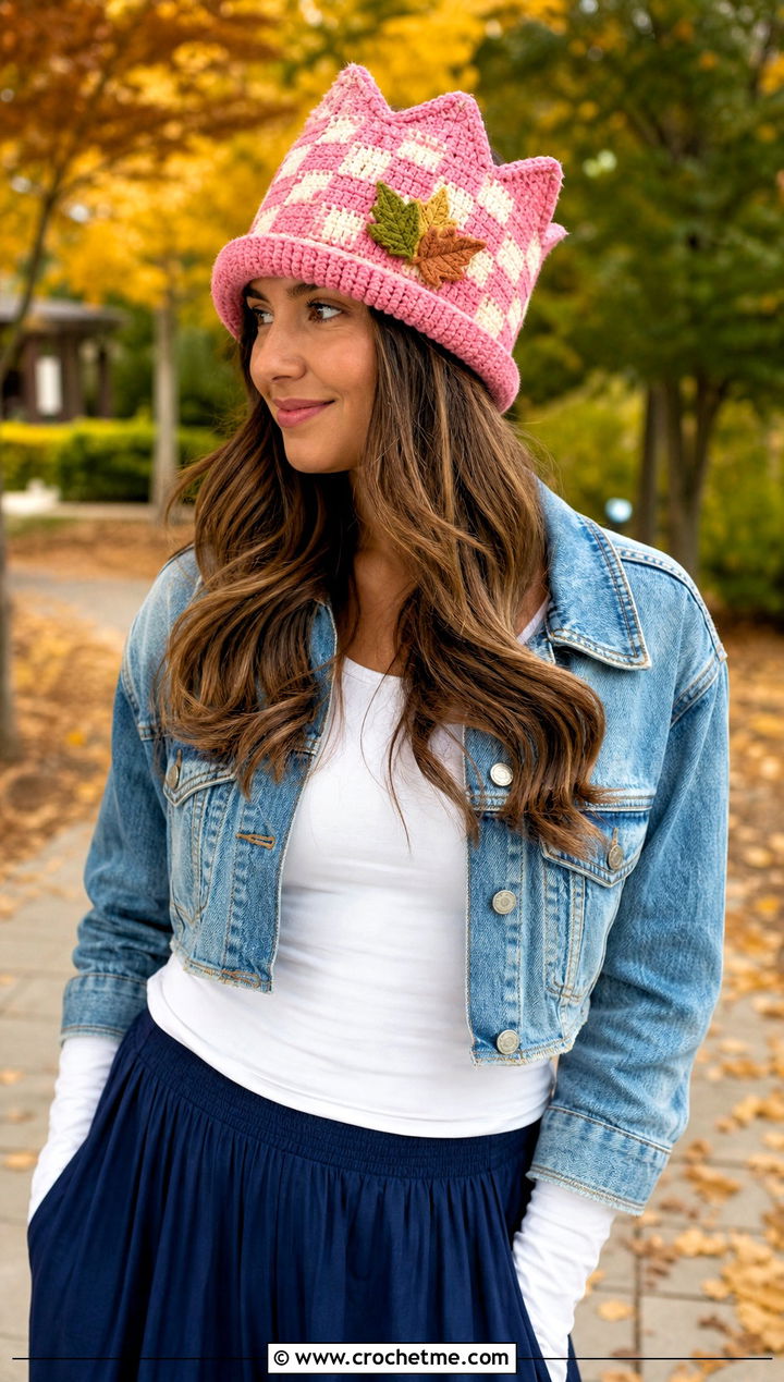 Checkered Crown Crochet Scarecrow Hat With Denim Jacket And Maxi Skirt - 30 crochet scarecrow hat outfit ideas