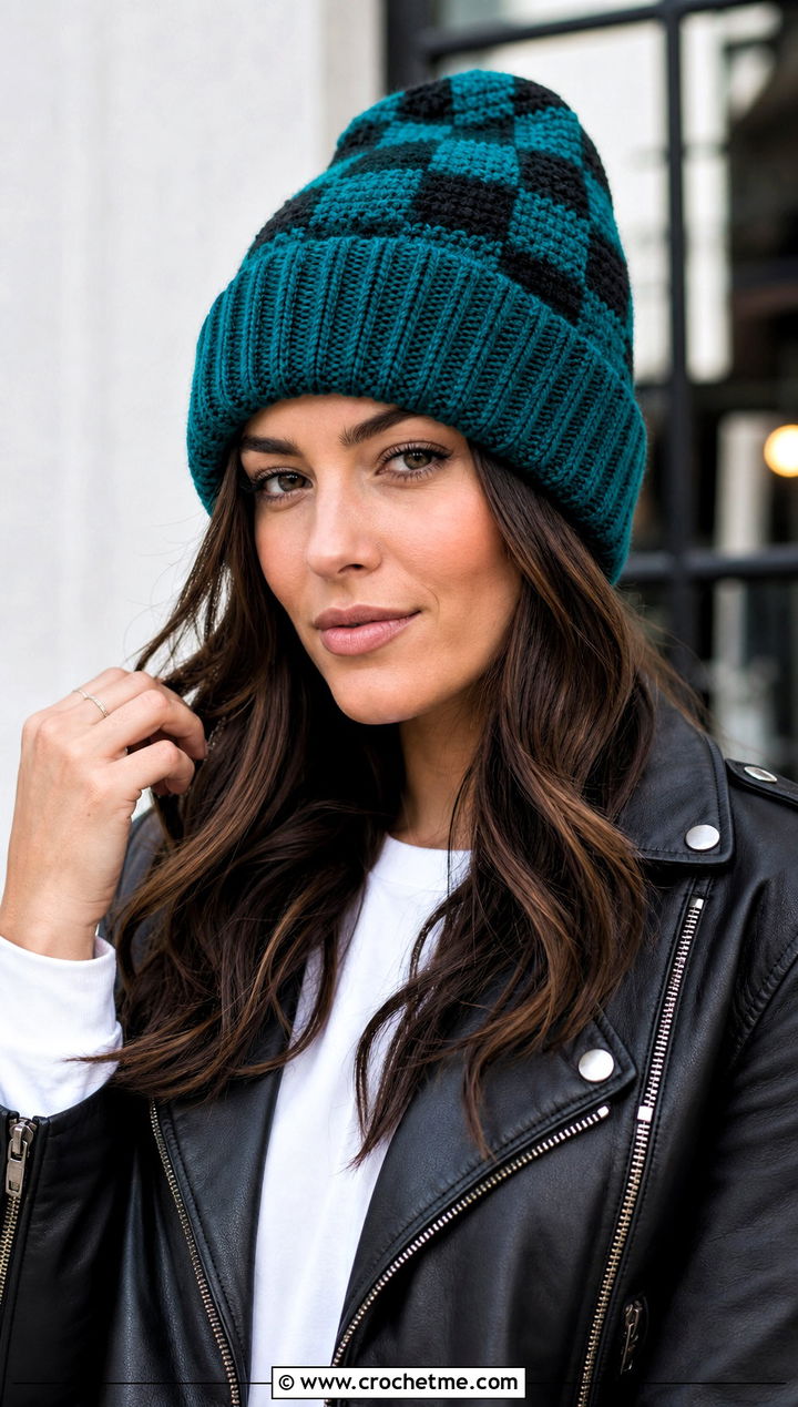 Checkered Ribbed Crochet Beanie With Leather Jacket - 15 Plaid Crochet Beanie outfit ideas
