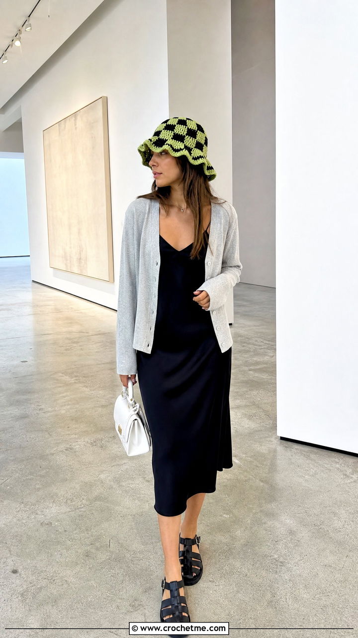 Checkered Ruffle Bucket Hat With Slip Dress - 35 crochet ruffle hat outfit ideas