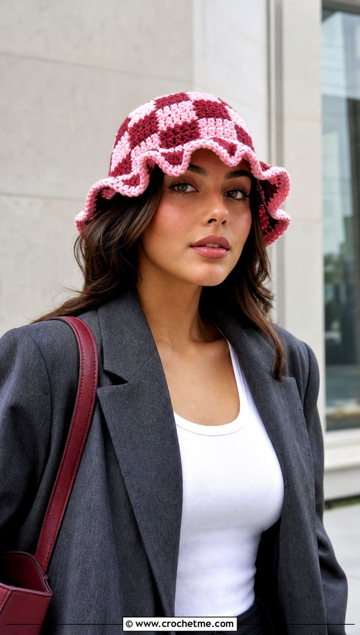 Checkered Ruffle Crochet Bucket Hat With Oversized Blazer - 25 ruffled crochet bucket hat outfit ideas