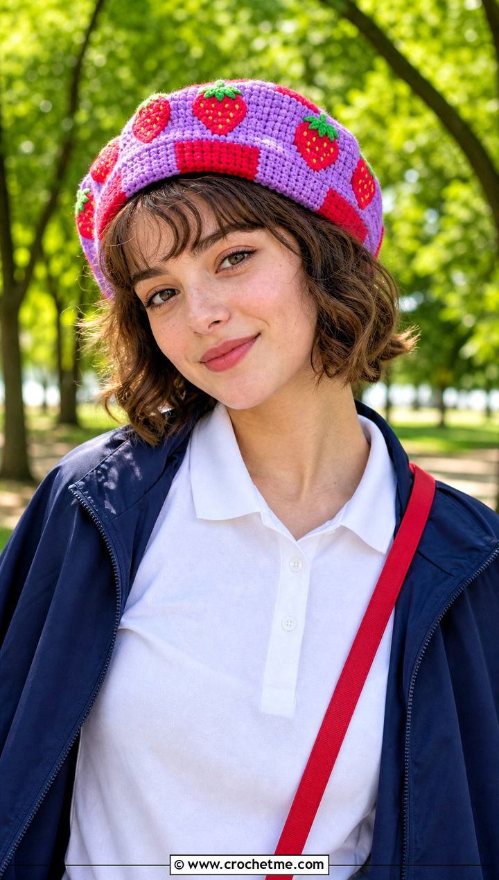 Checkered Strawberry Crochet Beret With Tennis Skirt - 25 strawberry crochet beret outfit ideas